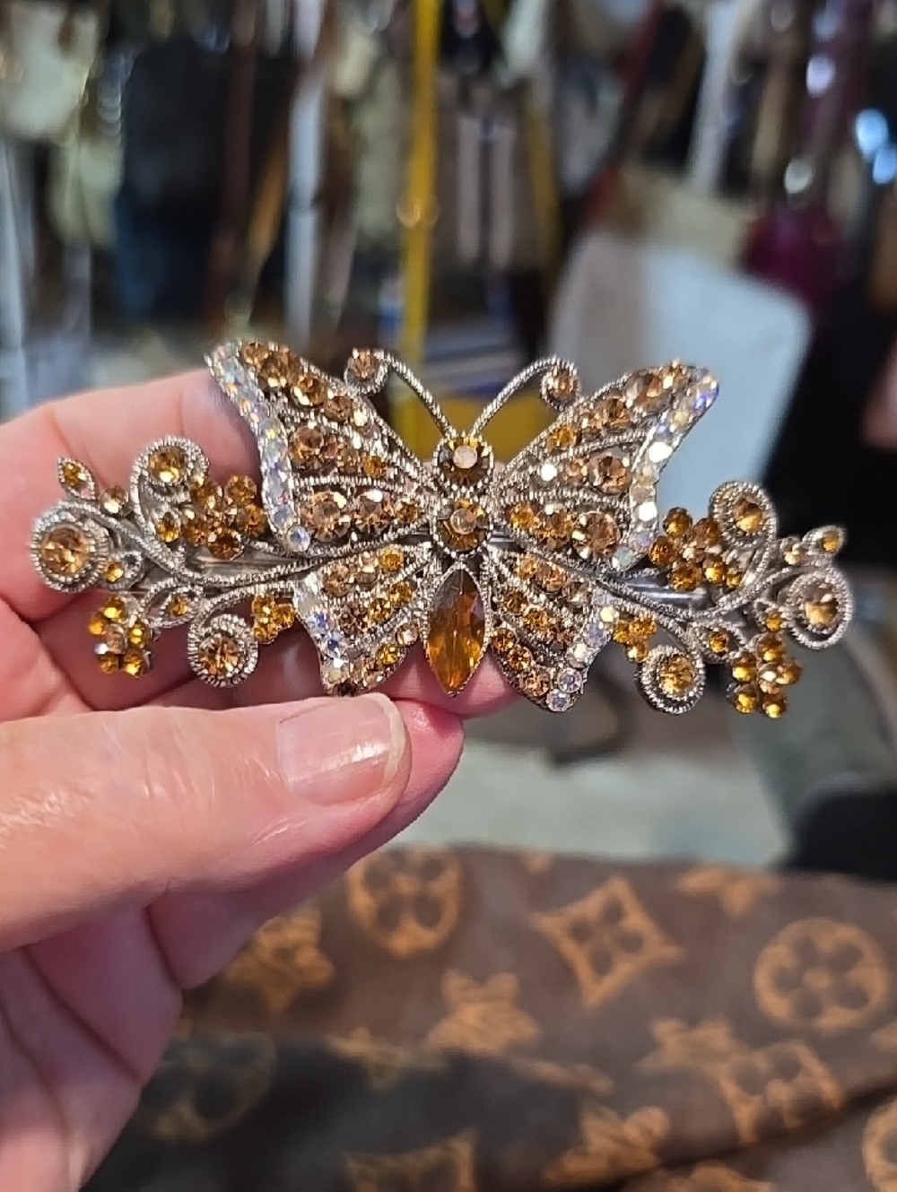 S.L. Signed Crystal Butterfly in Golden Amber Hair Clip 4.25"